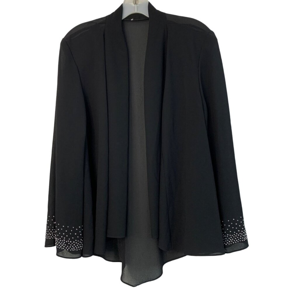 Elegant Black Chiffon Open Front Cardigan beaded Cuffs Women's M swing 7418